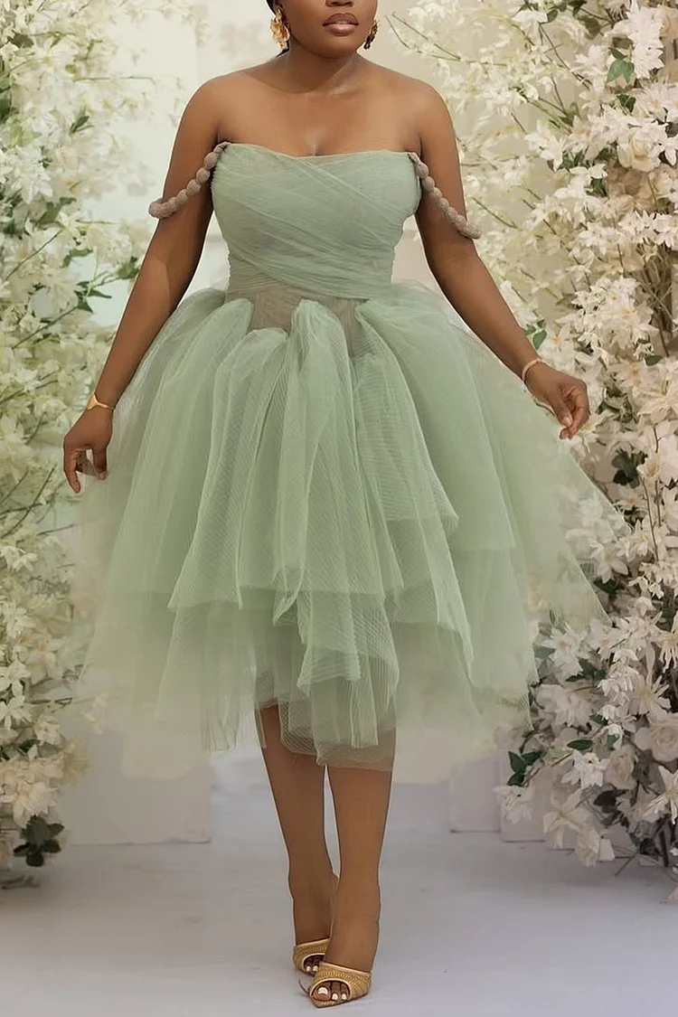 Plus Size Cocktail Party Sage Green Irregular Hem Tulle Midi Dresses [Pre-Order] 2024 - Xpluswear