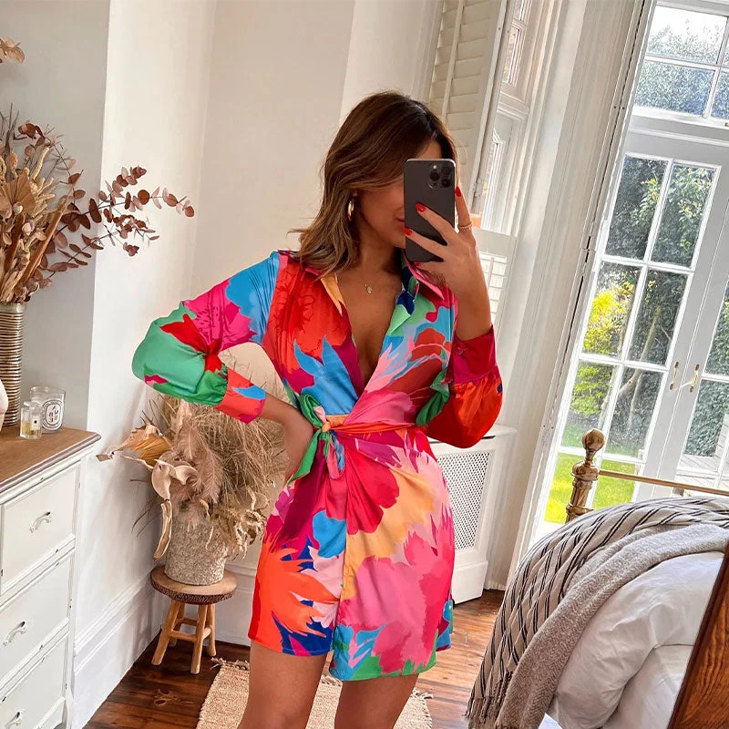 Women Vitange Pattern Print Boho Shirt Dress Female Fashion Lapel Long Sleeve Lace Up Robe 2022 Summer High Slit Loose Dresses