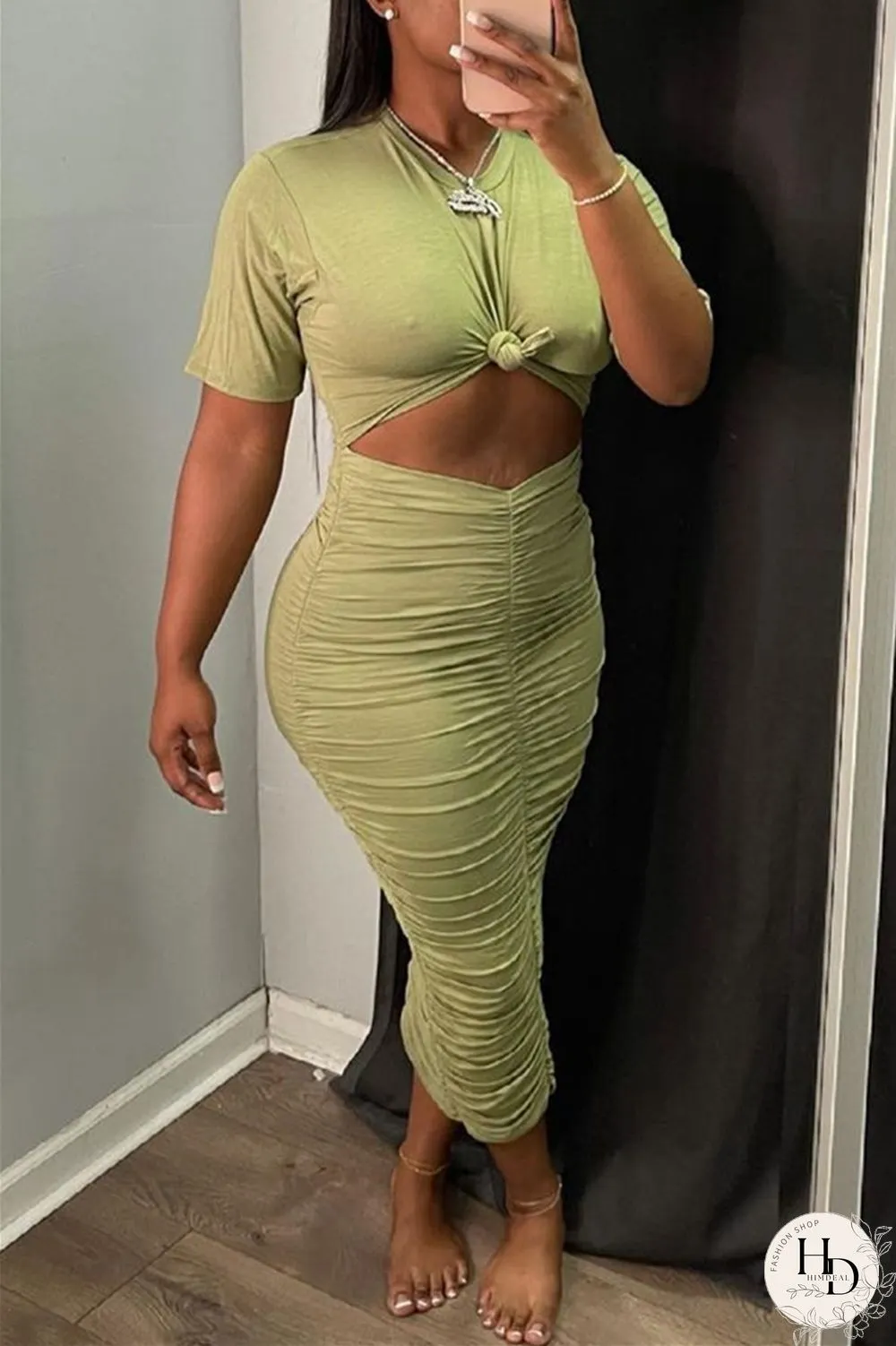 Orange Sexy Casual Solid Hollowed Out Fold O Neck Short Sleeve Dress