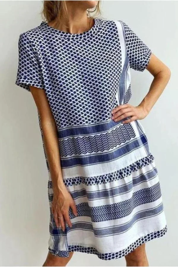 Womens Retro New Blue Striped Short-sleeve Dress-Allyzone-Allyzone