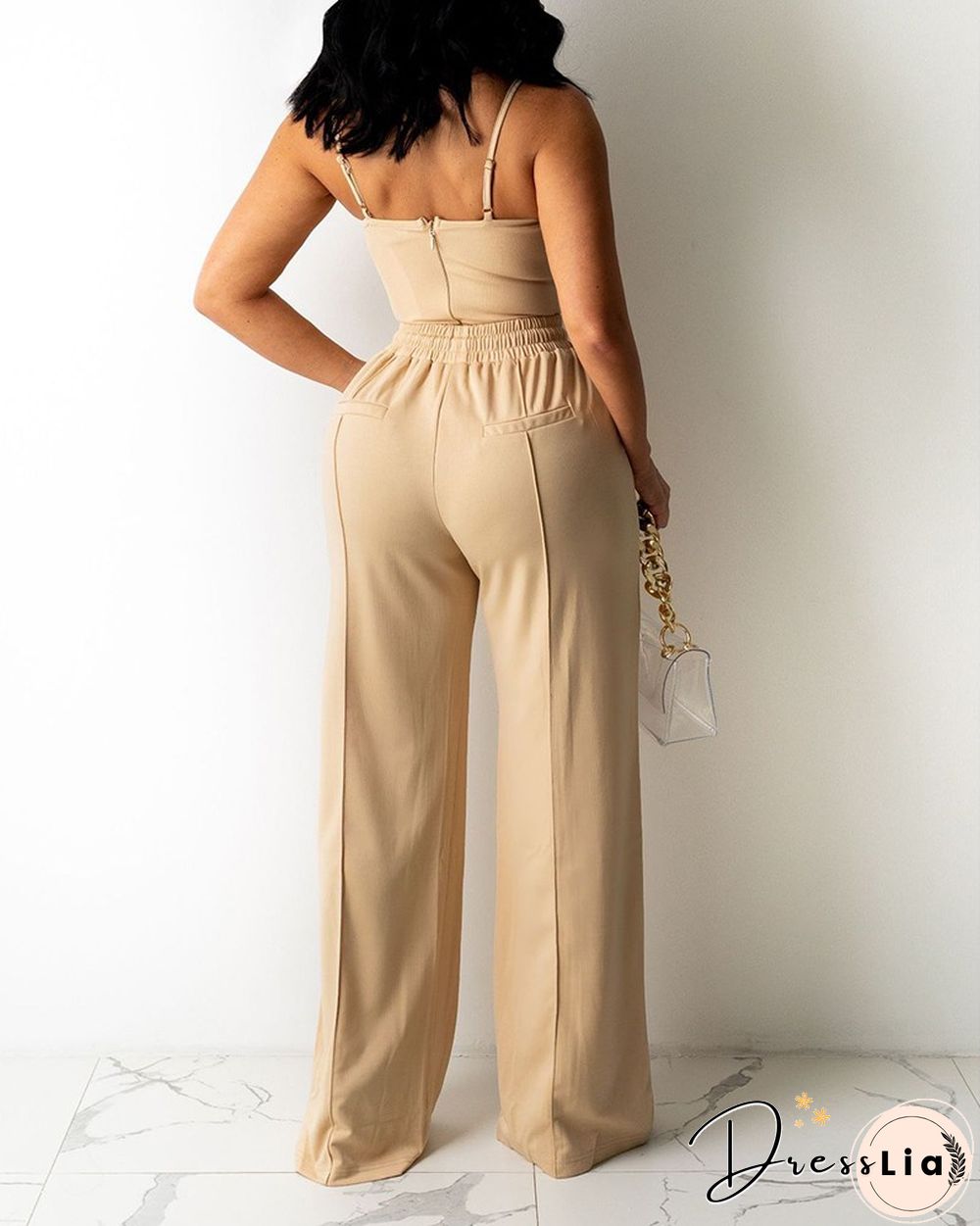Zipper Back Cami Top & Wide Legs Contrast Pipping Pants Set