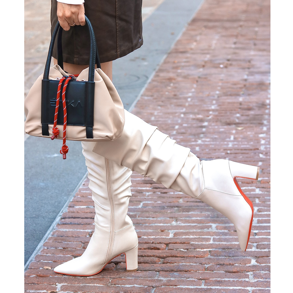 3.35"/8.5cm Women's Knee Red Bottom Boots Chunky Heels Zipper Fashion Sexy Matte Slouchy Boot-MERUMOTE