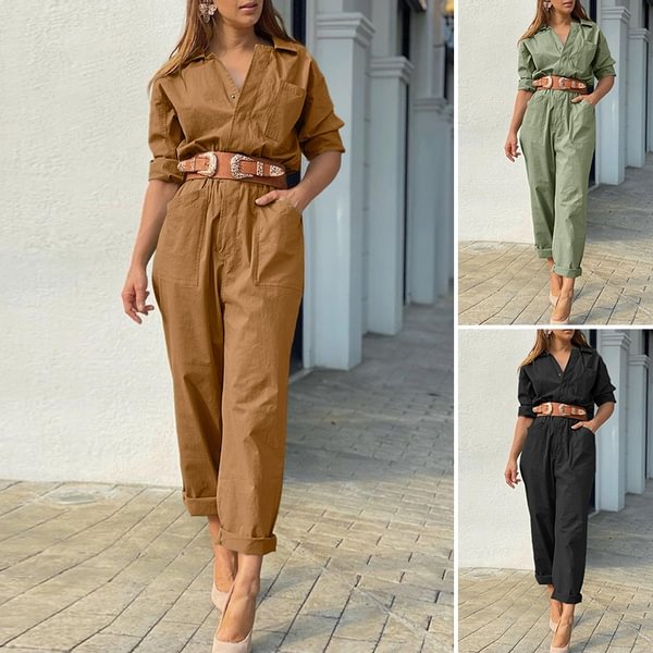 Women Turn Down Collar Long Sleeve Jumpsuits Street Fashion Rompers Casual Playsuits Overalls - Shop Trendy Women's Fashion | TeeYours
