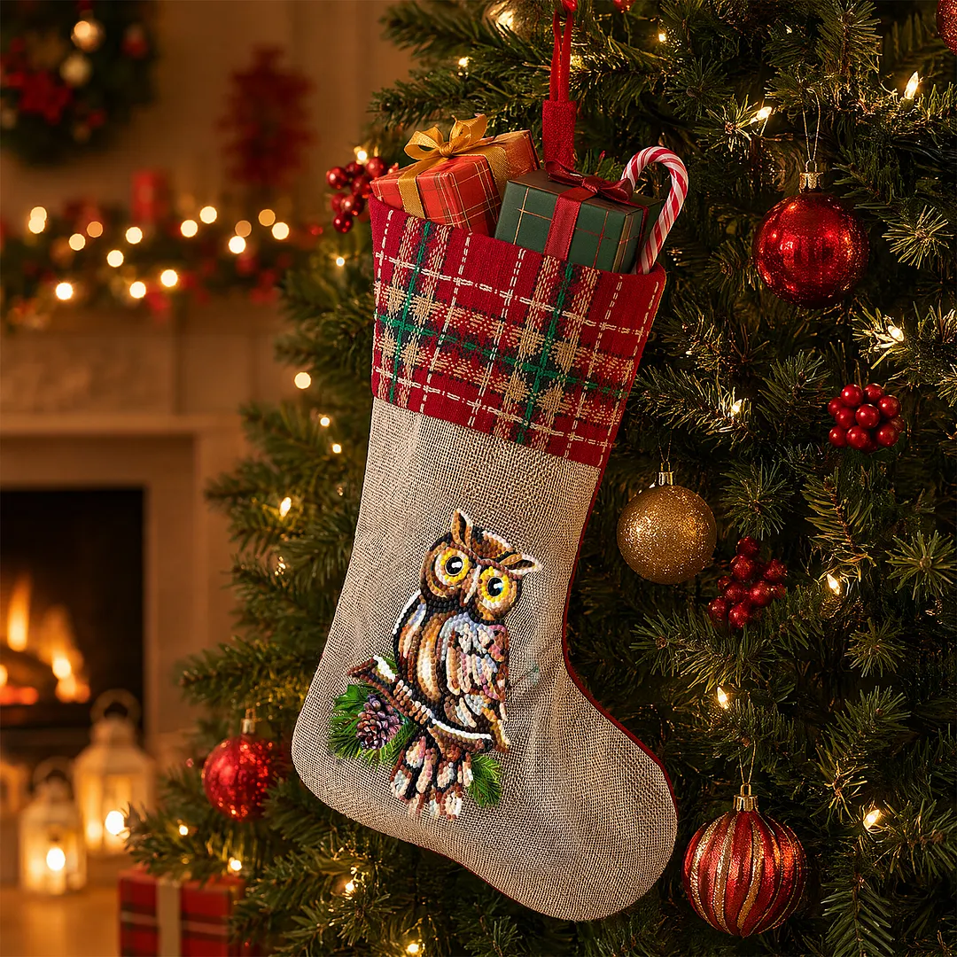 DIY Diamond Painting Christmas Stockings Hanging Ornaments Large Capacity Xmas Socks Pendant Wear Resist Candy Gift Storage Bags for Family Christmas Holiday Party Decoration (Owl)