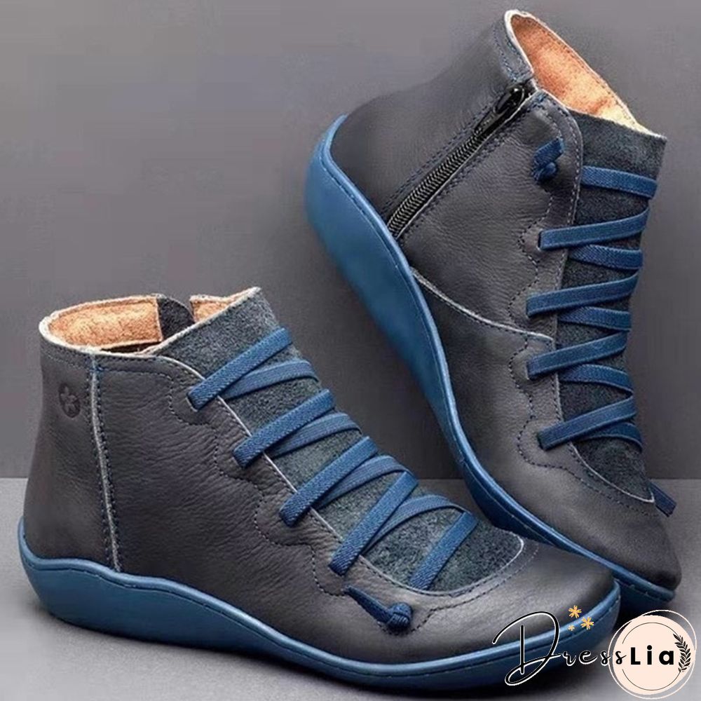 Womens Medieval Vintage Leather Boots Braided strap flat heel all season waterproof slip
