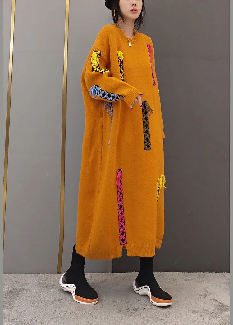 5.5Women Yellow O-Neck Patchwork Knit long Dresses Long Sleeve