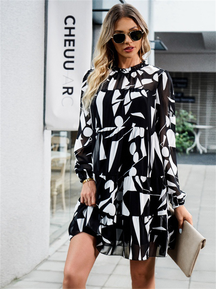 Printed Dresses Ladies Temperament Elegant Long-sleeved Short Dress Floral High Neck Dresses