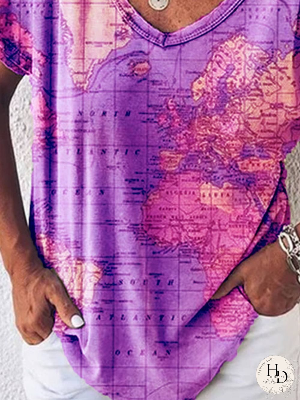 Printed V Neck Cotton Short Sleeve T-shirt