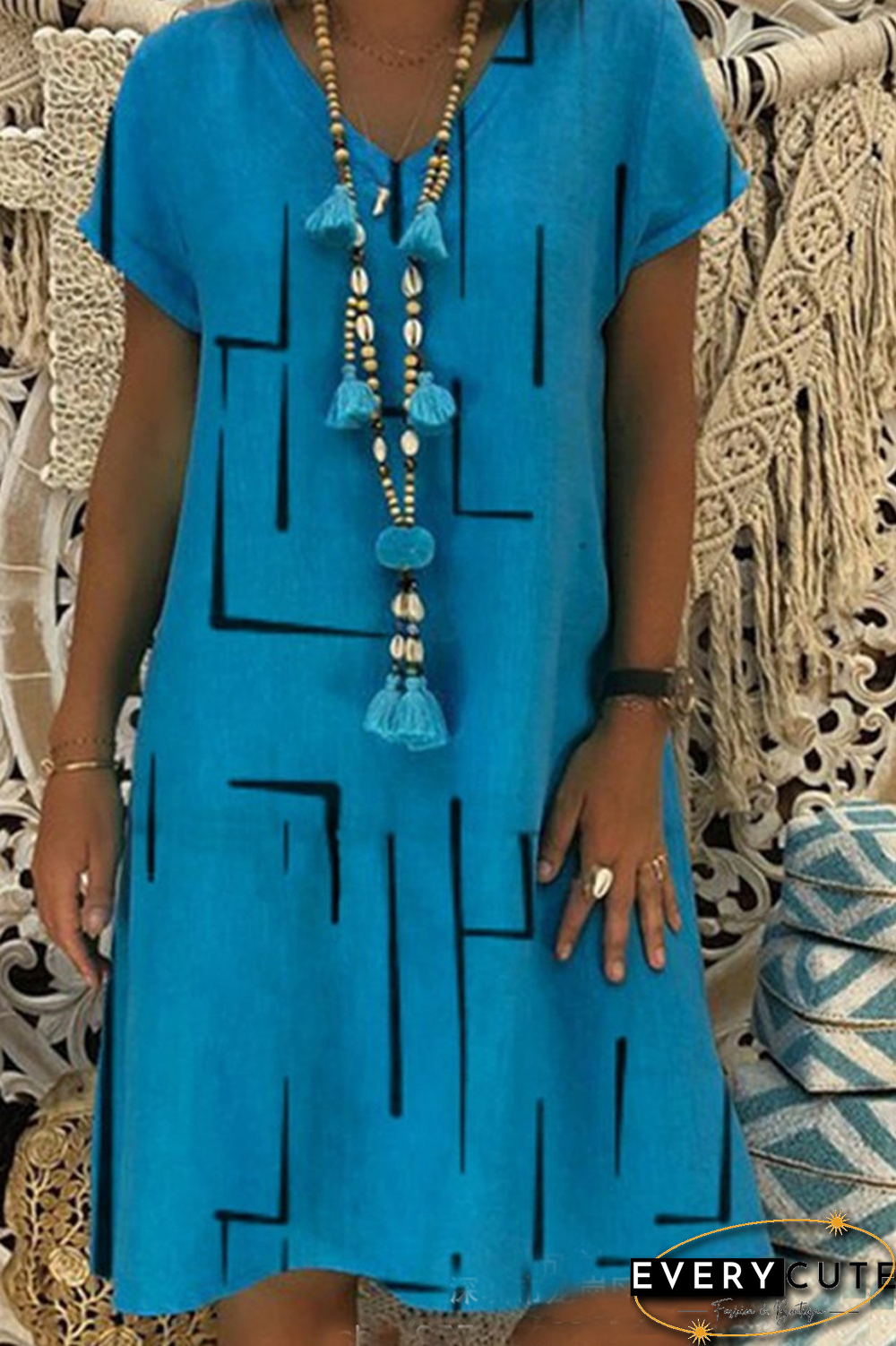 Casual Print Patchwork V Neck Straight Dresses(8 Colors)