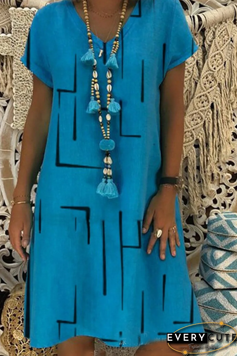 Casual Print Patchwork V Neck Straight Dresses(8 Colors)