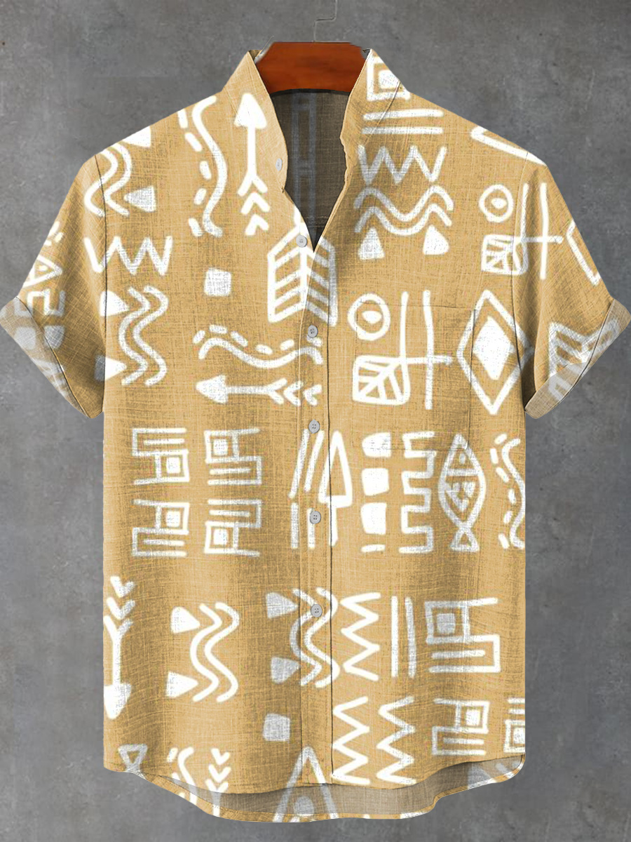Vintage Abstract Africa Tribal Geometric Art Print Casual 100% Cotton Shirt