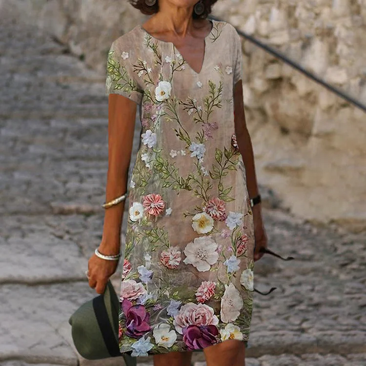 Vintage Casual Floral Print Short Sleeve Dress