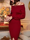 Retro Off-The-Shoulder Slim Split-Side Solid Color Sweater Midi Dress
