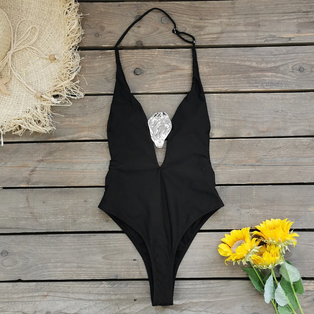 Brownm 2025 New Solid-Color Swimsuit Women Feel Deep V-Loand Back Half Dress Two-Case