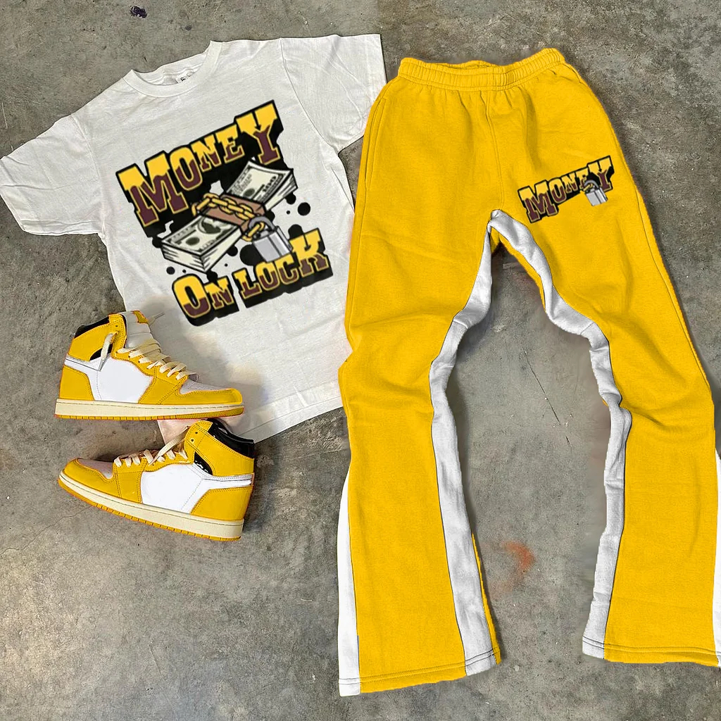 Personalized Money On Lock Print Graphic Short Sleeve Tee & Flared Trousers Two Piece Set