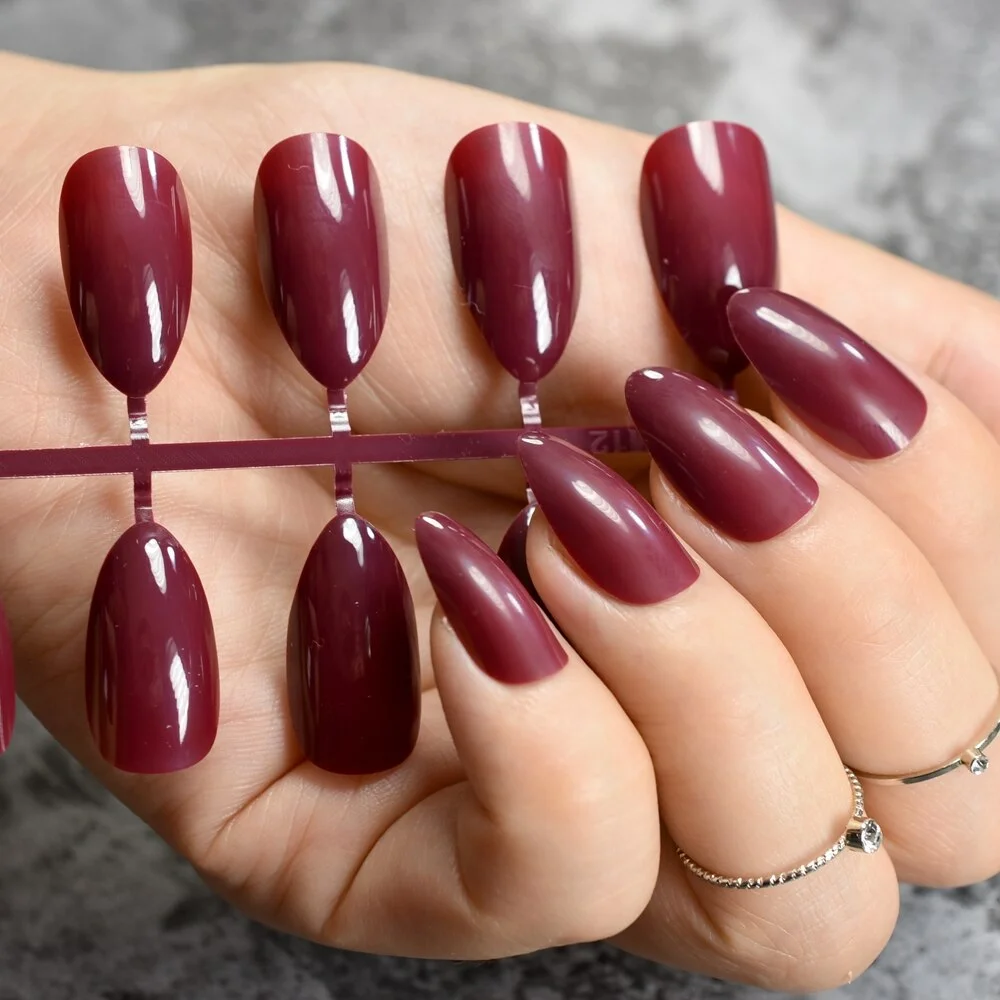 True Color Fashion Fake Nails Jujube Dark Red Stiletto Press On Nails DIY Manicure Tips Full Wrap Many colors 24pcs/kit-Nail Inspo