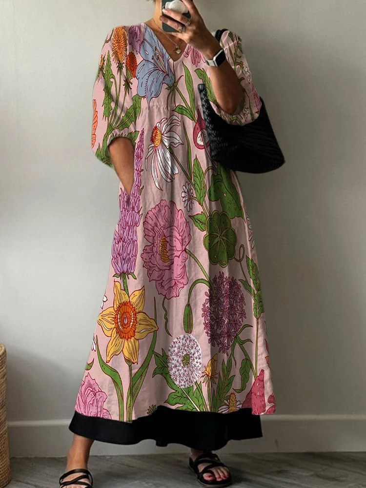 Colorful Flowers Decorative Pattern Pocket V-neck Cotton Dress