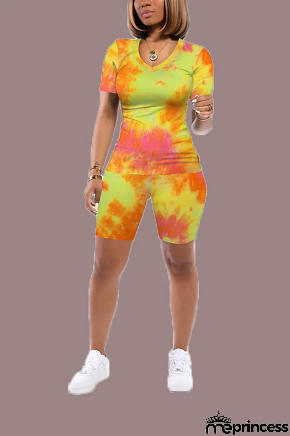 Yellow Polyester Casual Tie Dye pencil Short Sleeve Two Pieces