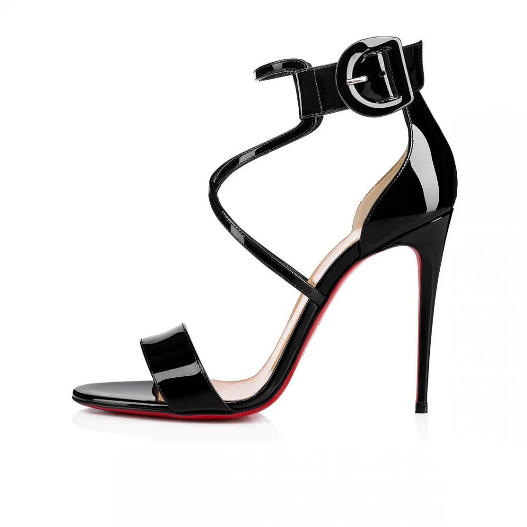 100mm Women's Red Bottom Open Toe Sandals Ankle Strap High Heel Patent Summer Party Wedding Shoes-MERUMOTE