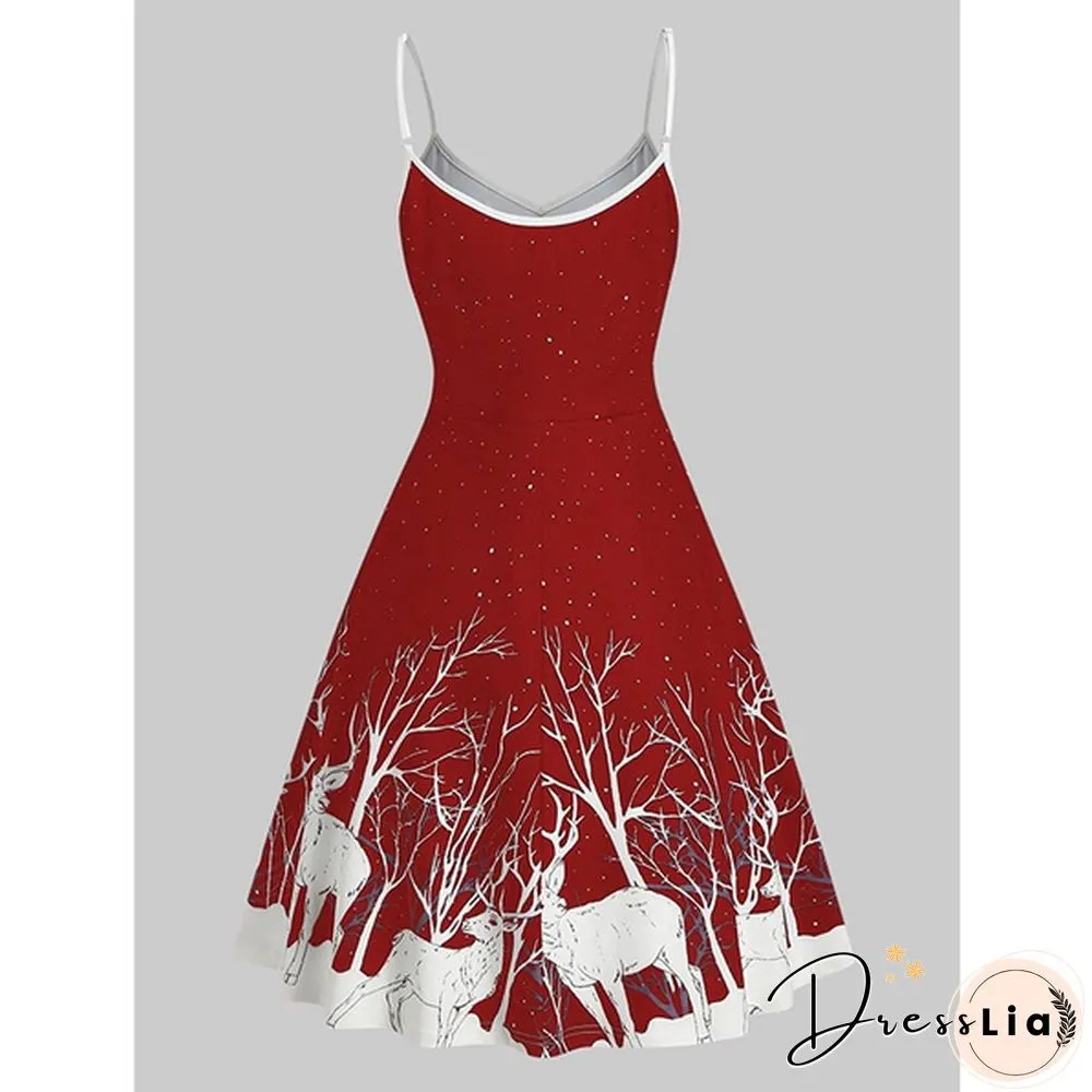 Christmas Deer Print Spaghetti Strap Dress Fashion Print Skater Dresses