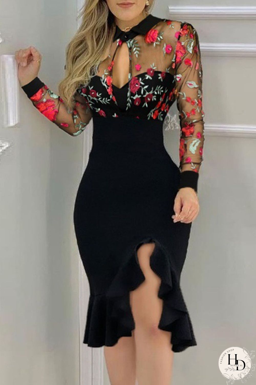 Pink Gold Sexy Solid Embroidered Hollowed Out Sequins Split Joint Flounce O Neck Dresses