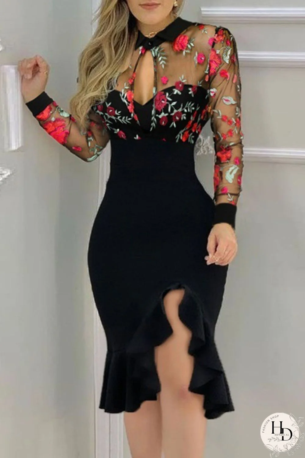 Pink Gold Sexy Solid Embroidered Hollowed Out Sequins Split Joint Flounce O Neck Dresses