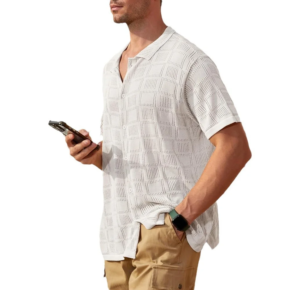 Mongw Mongw Men's Summer New Short-Sleeved Shirt Lapel Solid Color Hollow Out Breathable Cool Summer Men's Jacket