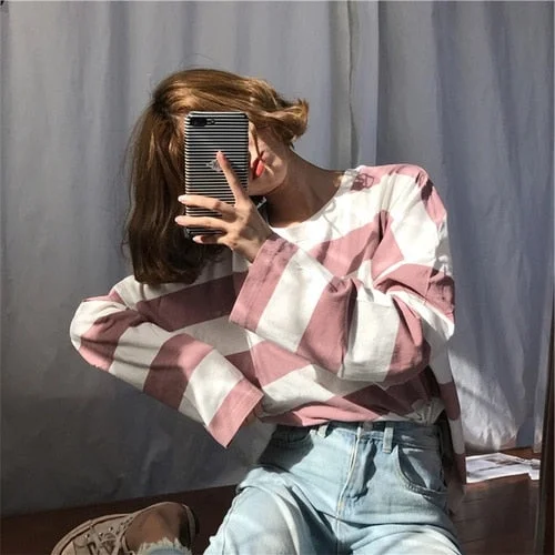 harajuku women long sleeve t-shirts korean oversized stripe t shirt autumn ulzzang kawaii pink blue black basic tee casual tops