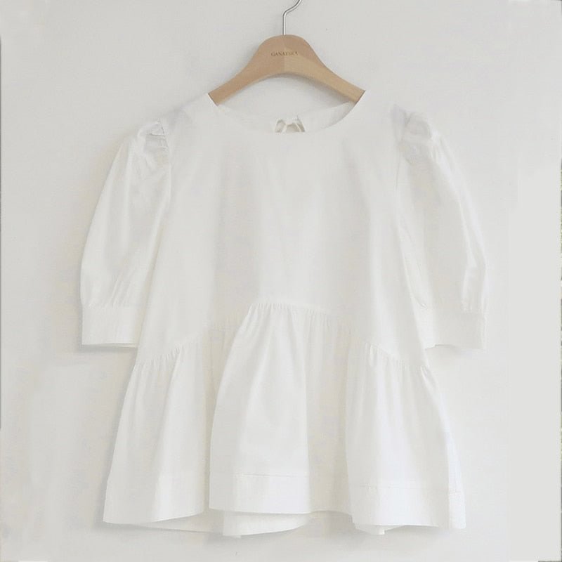 Summer New 2021 Solid Cotton White Blouse Korean Version Sweet Cute Round Collar Bubble Short Sleeve Shirt Blusa Feminina 14038