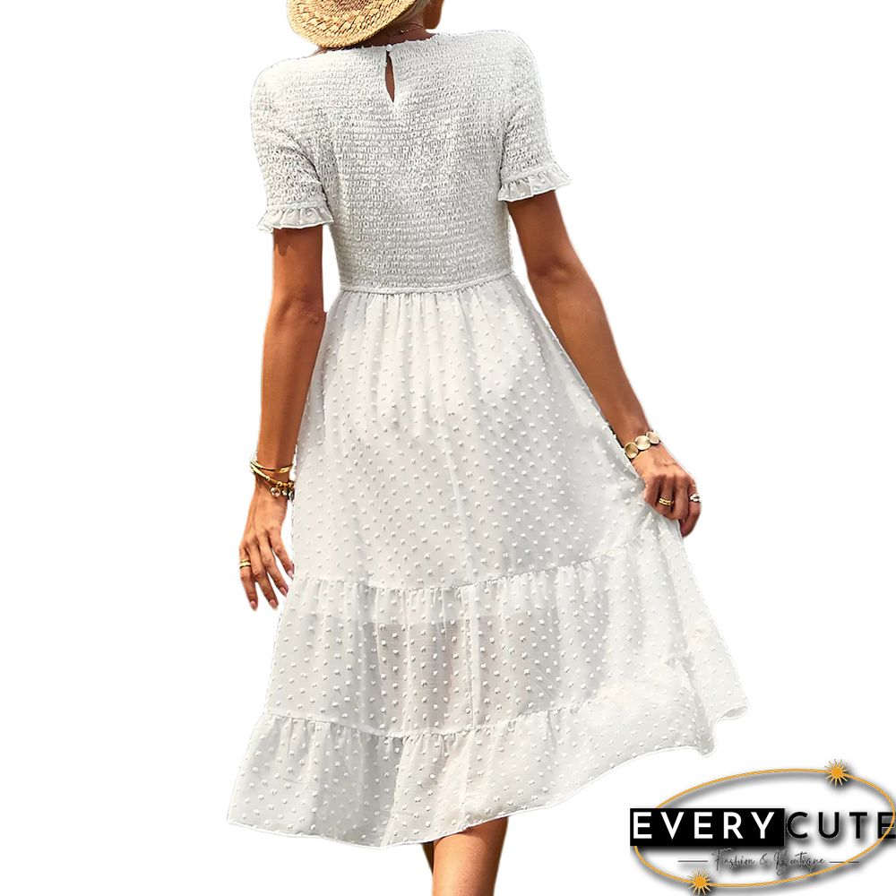 White Swiss Dot Pleated Elegant Short Sleeve Midi Dress