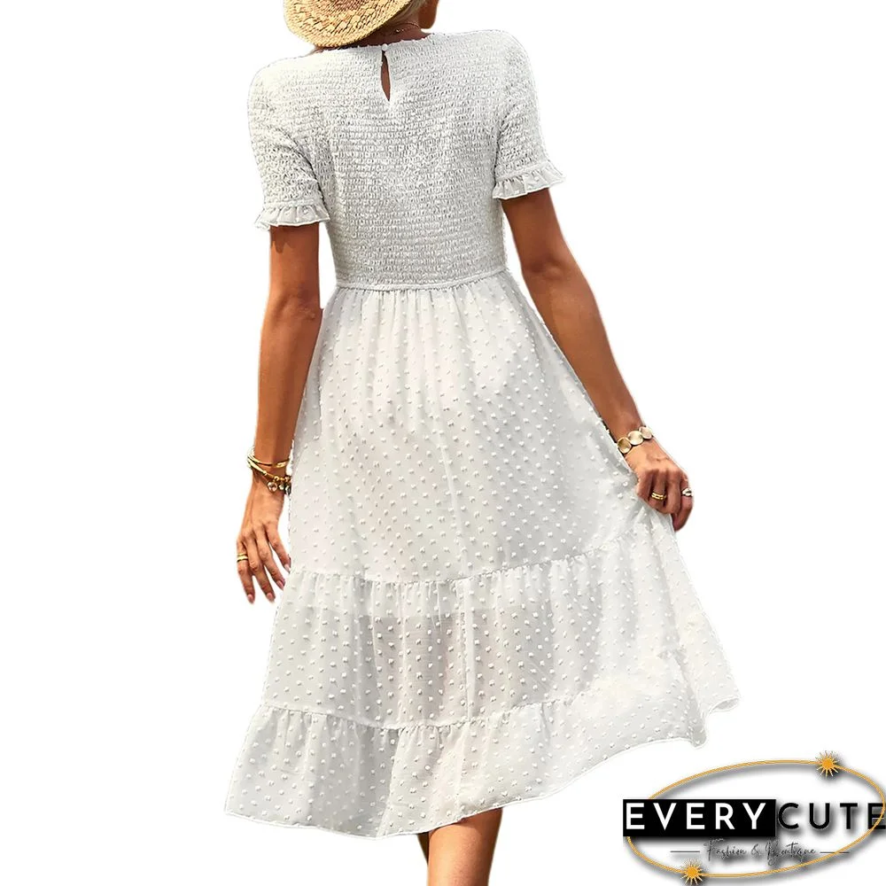 White Swiss Dot Pleated Elegant Short Sleeve Midi Dress