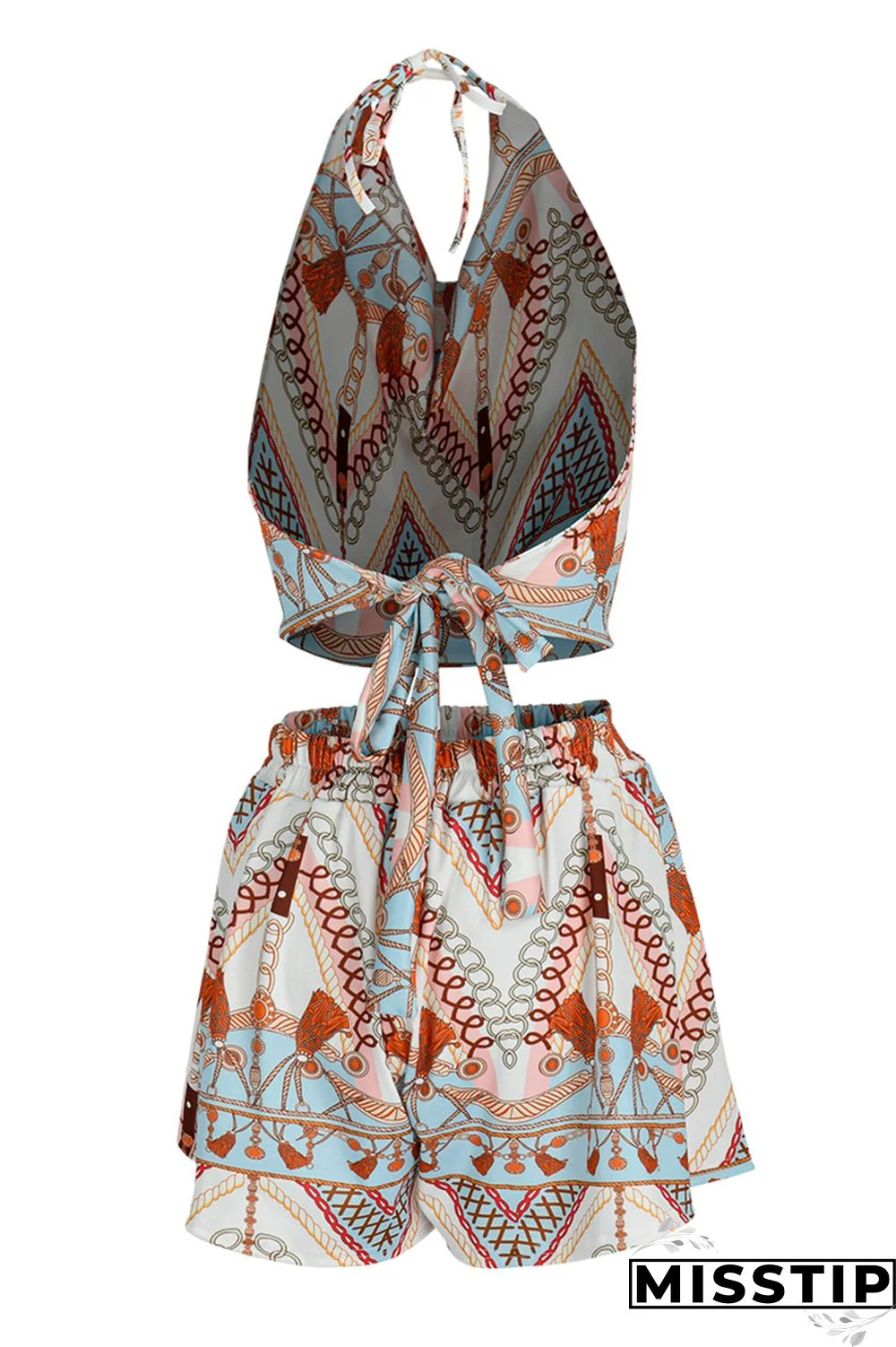 Orange Fashion Print Backless Strap Design Halter Sleeveless Two Pieces