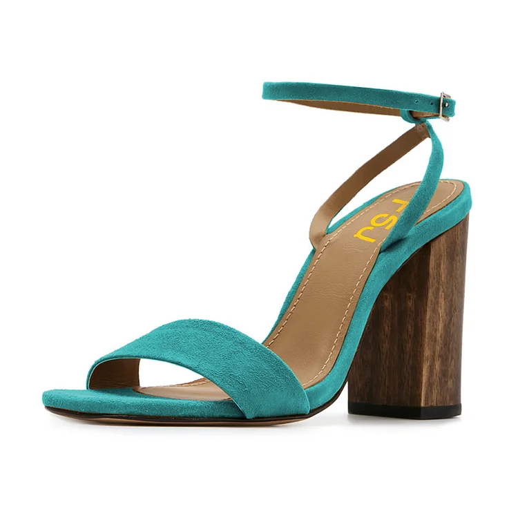 Women's Turquoise Vegan Suede Block Heel Ankle Strap Sandals |FSJ Shoes