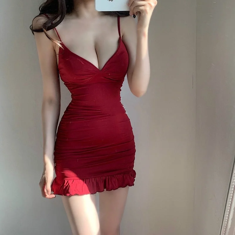 WOMENGAGA Sexy Low Bust V-neck Irregular Slim Buttock Elastic Solid Color Tank Ruffles Mini Vest Dress Korea Women Dresses WQ98