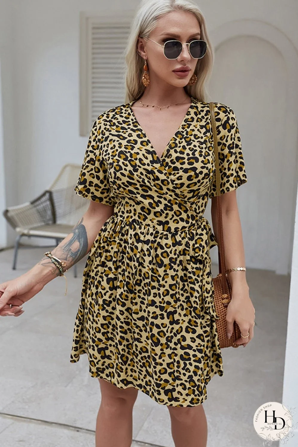 Leopard Print Wrap Chest Short Dress