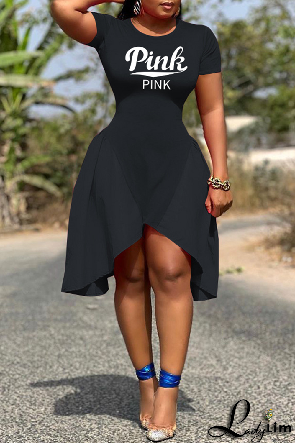 Orange Fashion Print Patchwork O Neck Irregular Dress Dresses