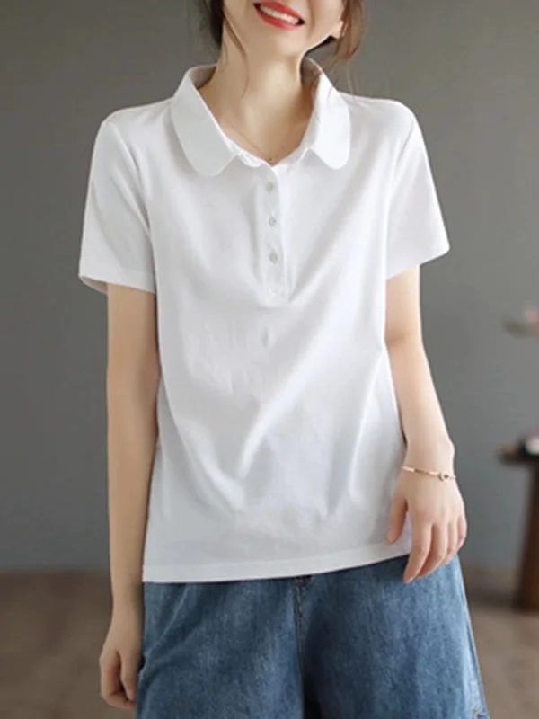 Short Sleeves Buttoned Solid Color Polo T-Shirts Tops