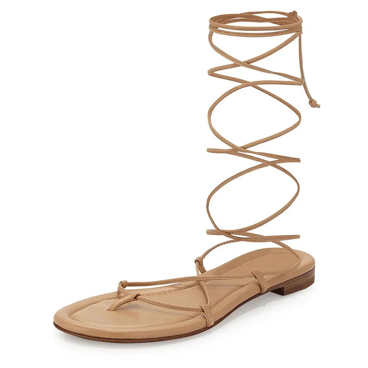 Khaki Open Toe Thong Strap Flat Lace Up Sandals for Women |FSJ Shoes