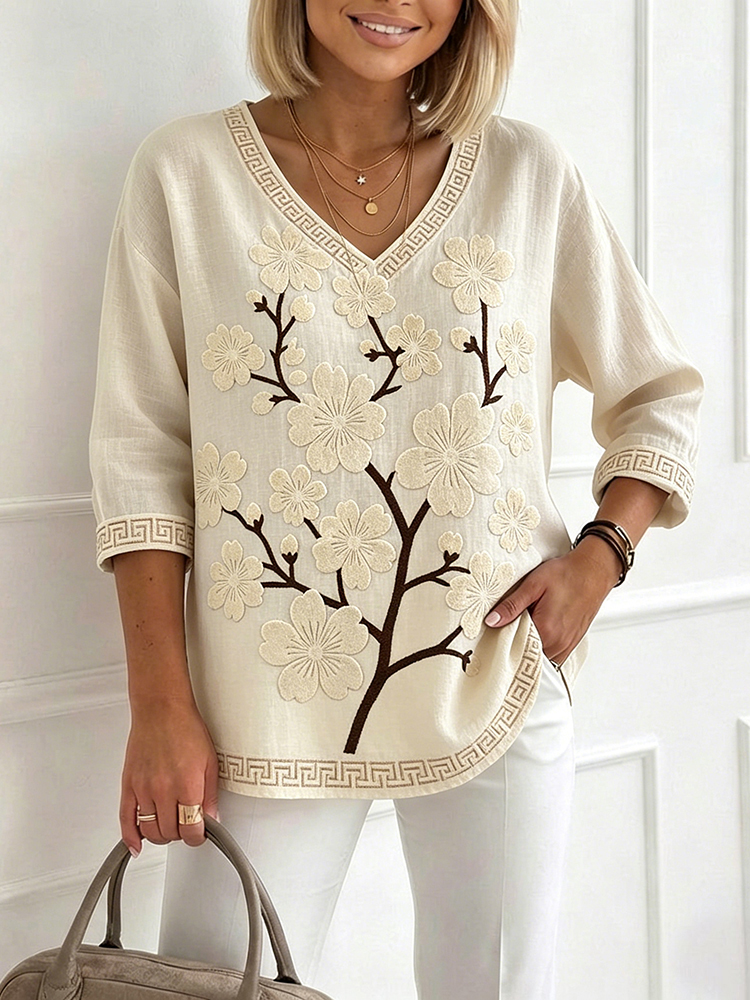 Japanese Cherry Blossom Art V Neck Linen T Shirt wearshes