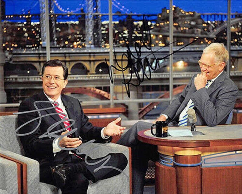 David Letterman & Stephen Colbert Hand-Signed Autograph 8x10 Color Photo Poster painting wCOA