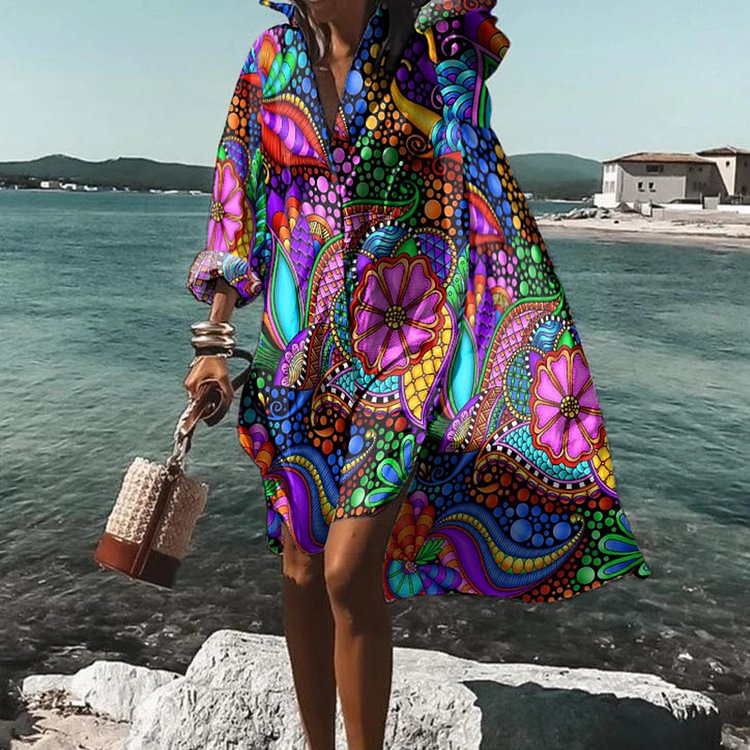 Hippie Abstrakte Floral Drucken Casual Shirt Midi Kleid