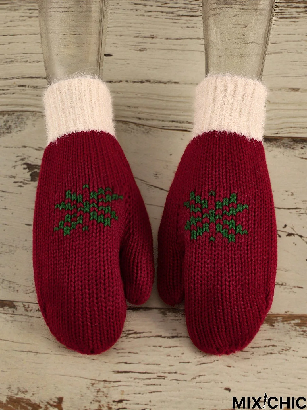 Christmas Botanical Red Knitted Gloves Holiday Party Matching Gloves Stretch Gloves Xmas Gloves