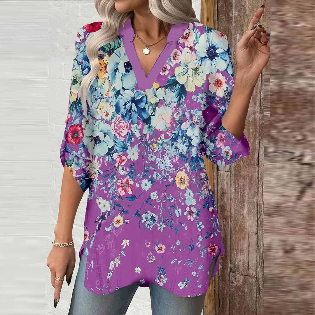 Women Floral,Purple,Blue DZGA0734 3/4 Sleeve V-neck Printed Graphic Button Tops