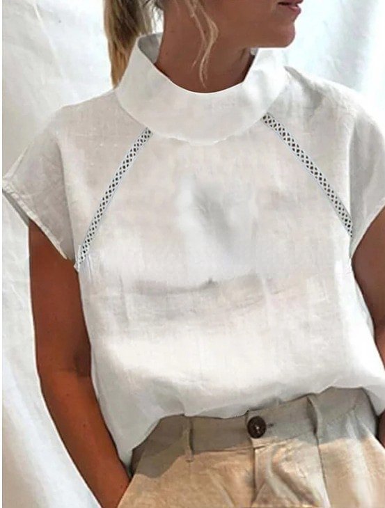 Fashion Hollow Lace Casual Women's Short Sleeve Shirt