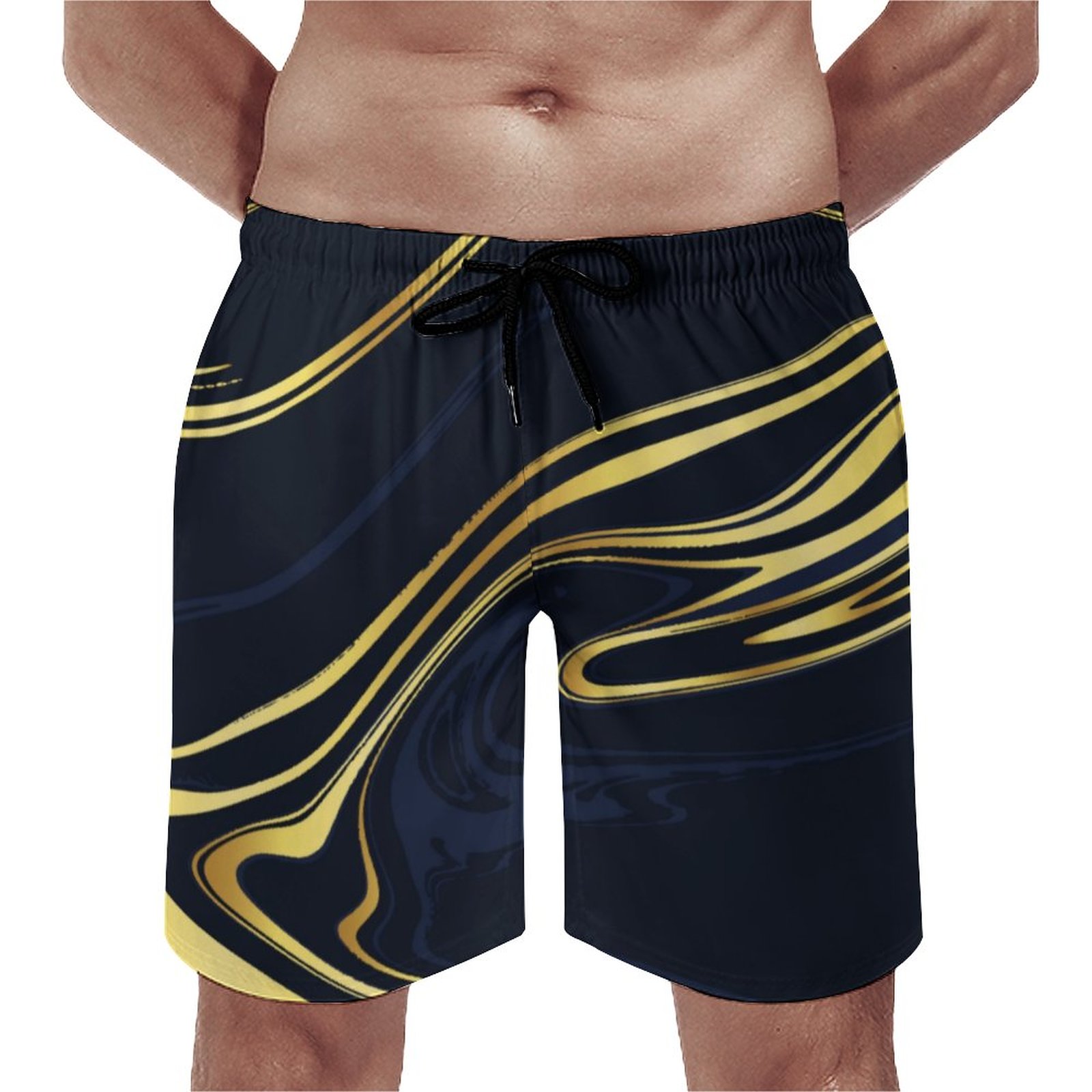 Black With Gold Foil Swirls Pattern Elegant Men's Swim Trunks Summer Board Shorts Quick Dry Beach Short with Pockets