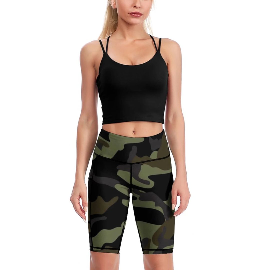 Dark Green Camouflage Printed Knee-Length Yoga Shorts Women Biker Shorts for Women High Waist Womens Spandex Yoga Shorts for Ladies