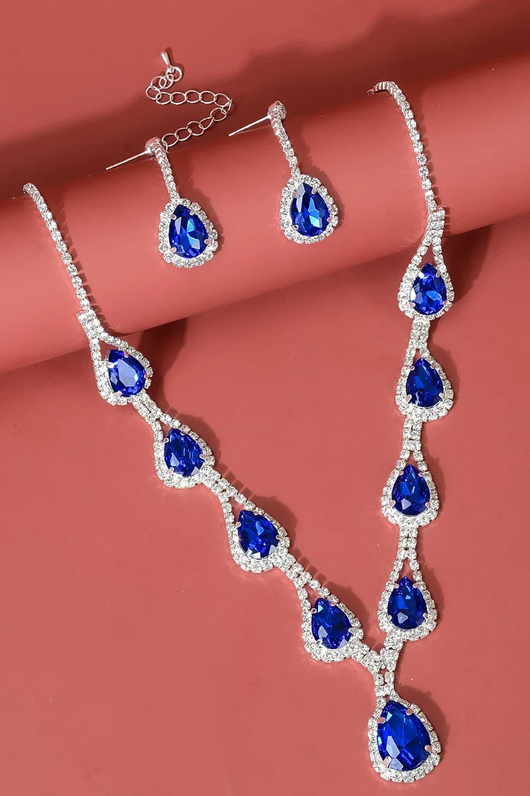 Drop Shaped Colorblock Rhinestone Dangle Earrings Necklace Jewelry Set