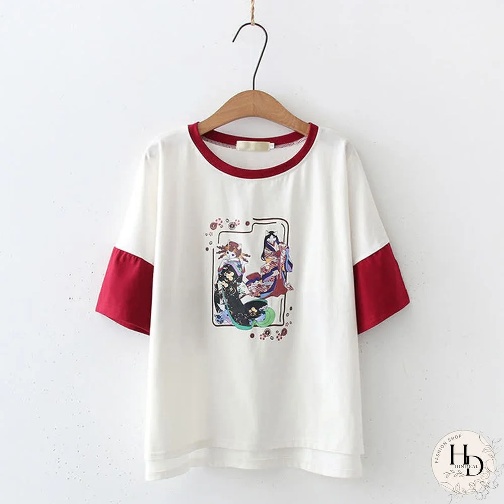 Vintage Tassels Ukiyoe Print Colorblock T-Shirt Shorts Set