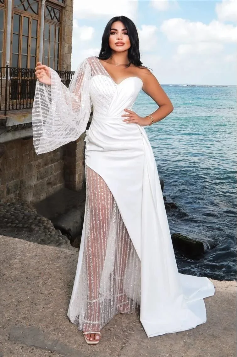 Miabel Charming White Satin One Shoulder Sweetheart Long Sleeves Long Prom Dress with Lace  