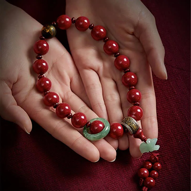 925 Sterling Silver Chinese Zodiac Cinnabar Om Mani Padme Hum Jade Blessing Wrist Mala